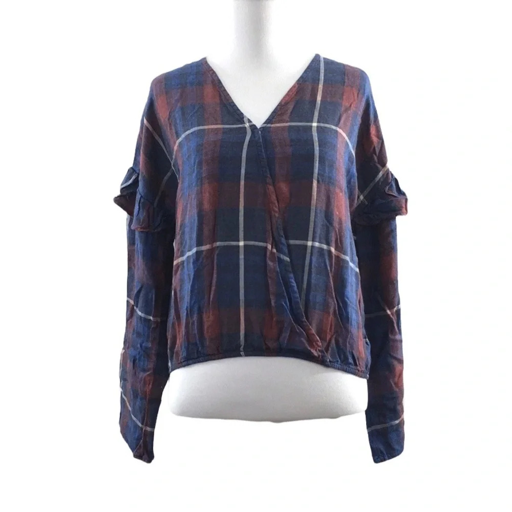 Bella Dahl Blue Red Plaid Faux Wrap Snap Front Shirt Womens Small Long Sleeve